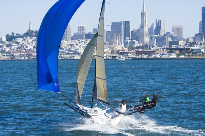 18ft skiffs racing against the backdrop of San Francisco © Jan Pehrson www.JanPehrson.com